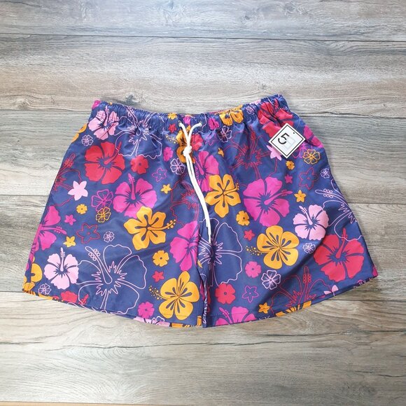 Colorful Floral Mens Swim Trunks Size L With Elastic Waist Drawstring 32" Waist - Picture 1 of 6